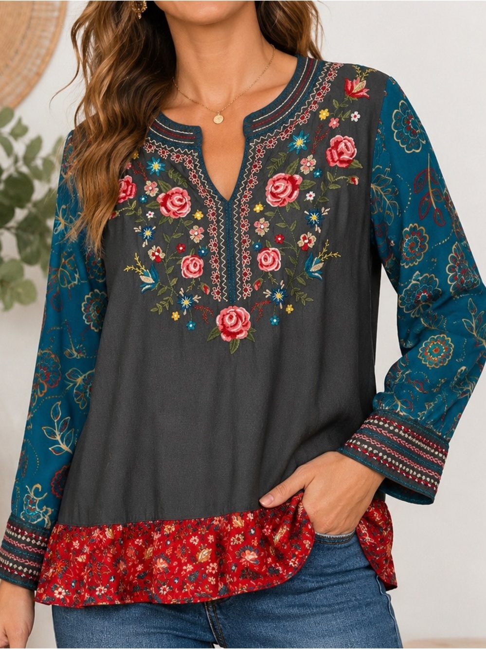 John Mark Embroidered Floral Boho Tunic Top Mixed Print Gray Medium